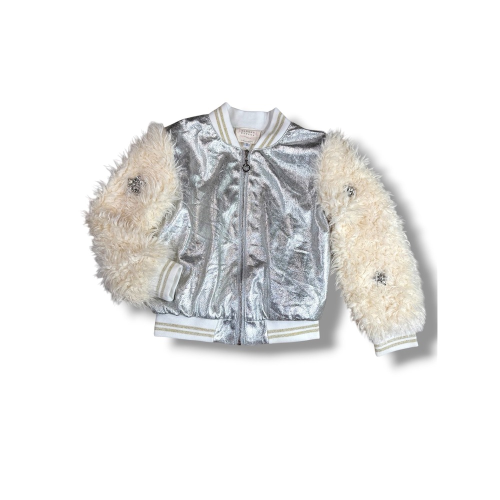 Hannah Banana Girls 5 Silver Metallic Faux Fur Bomber Jacket Rhinestone Festive